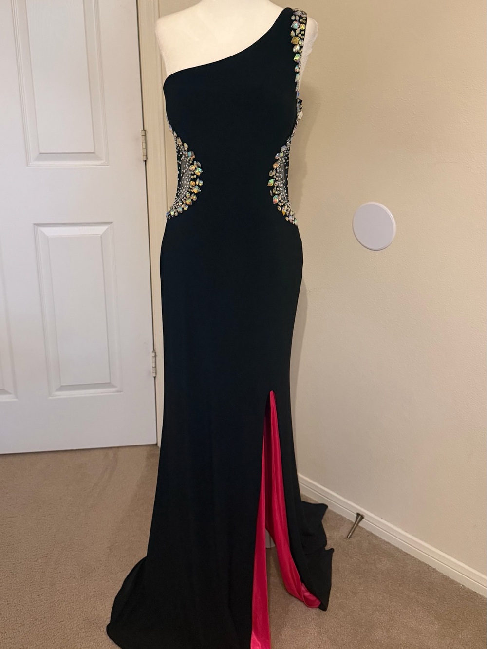 Betsy & Adam Black One Shoulder Gown